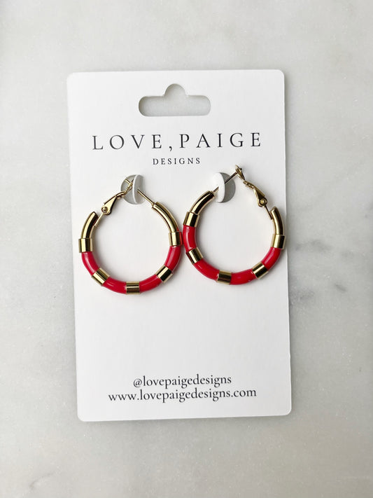 Striped Tube Red Hoop Earrings