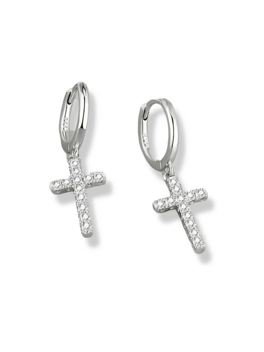 Silver Cross Huggie Earrings